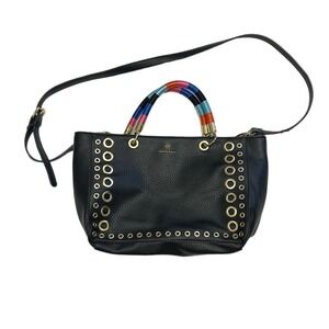 Nanette‎ Lepore Grommet Tote Bag Medium Black Rainbow Handle Faux Leather